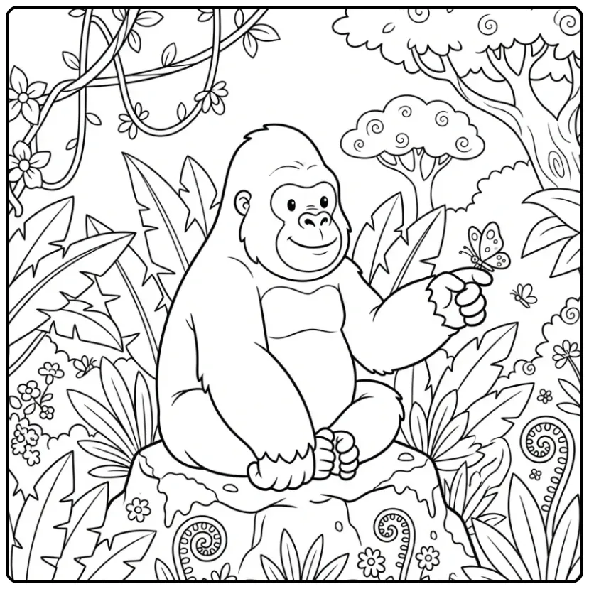 Sweet Gorilla Sitting on a Rock with Butterfly coloring page