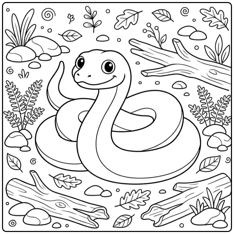 Anaconda coloring page showing a coiled snake on a riverbank