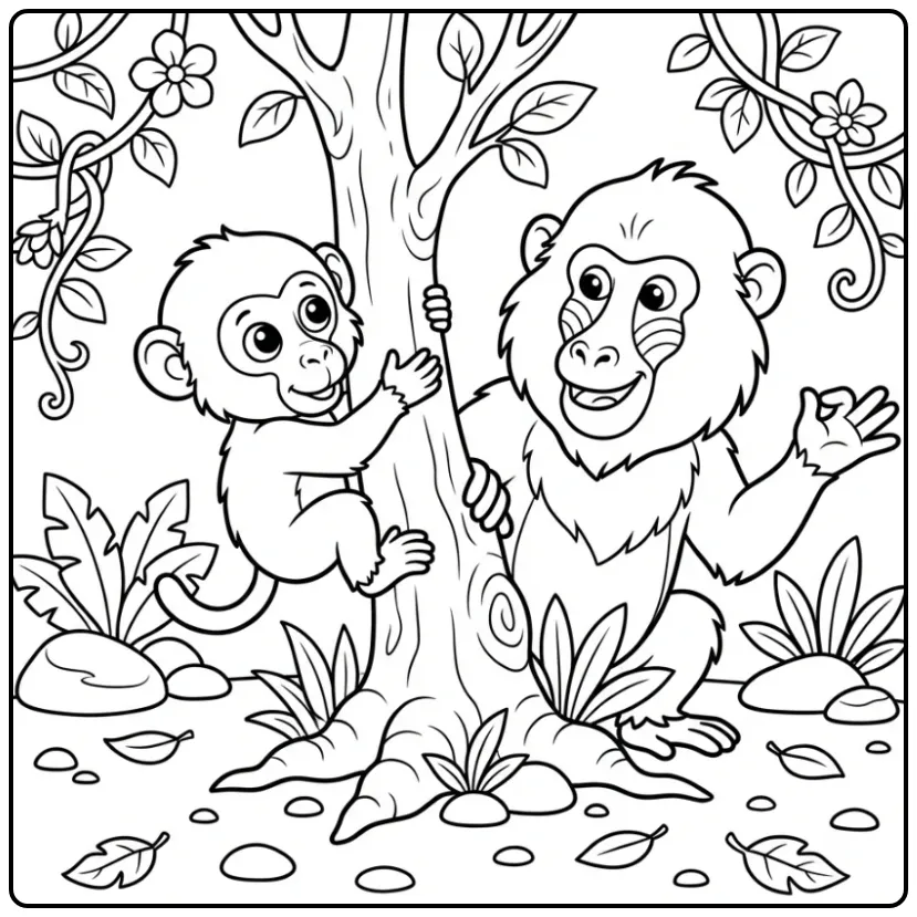 Sweet Baboon Baby Climbing in a Tree Trunk coloring page