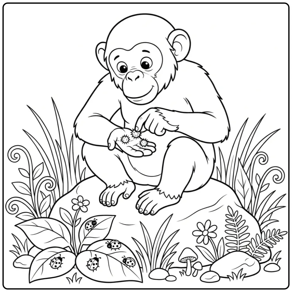 Chimpanzee coloring page among plants