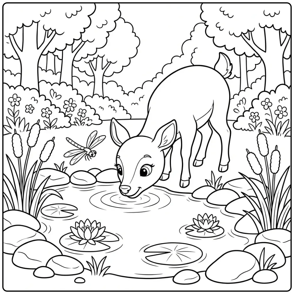 Sweet Deer with the Forest Pond and Reeds coloring page