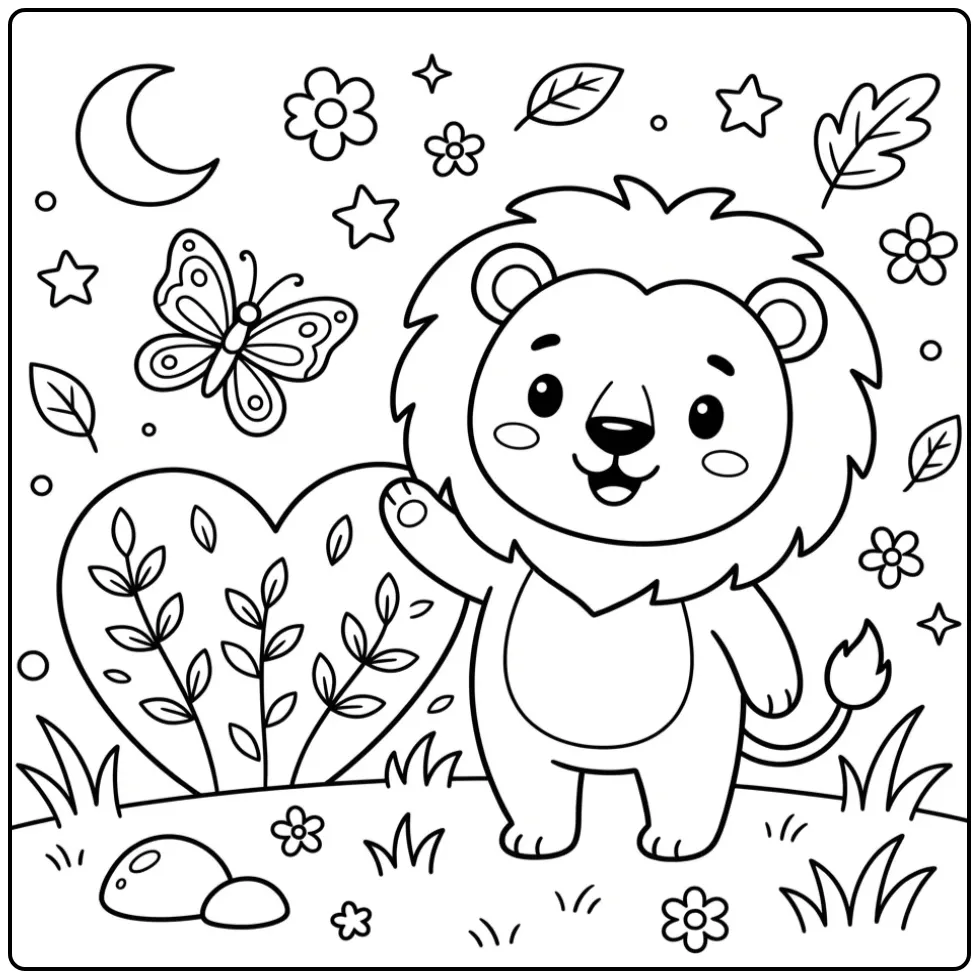Toddler lion coloring page waving at a butterfly