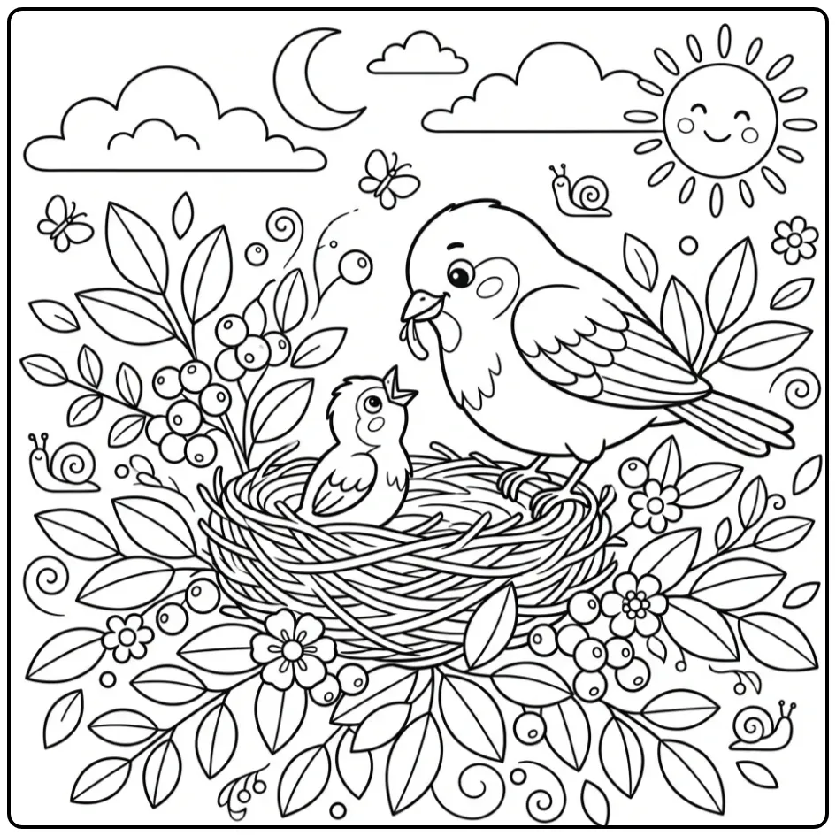 Sweet Sparrow with Nest and Young Among the Leaves coloring page
