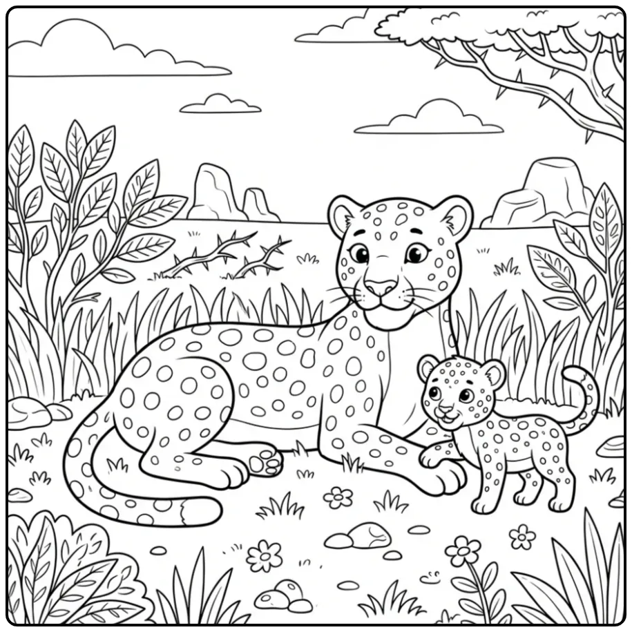 Sweet Panther and Cub on the Savanna coloring page