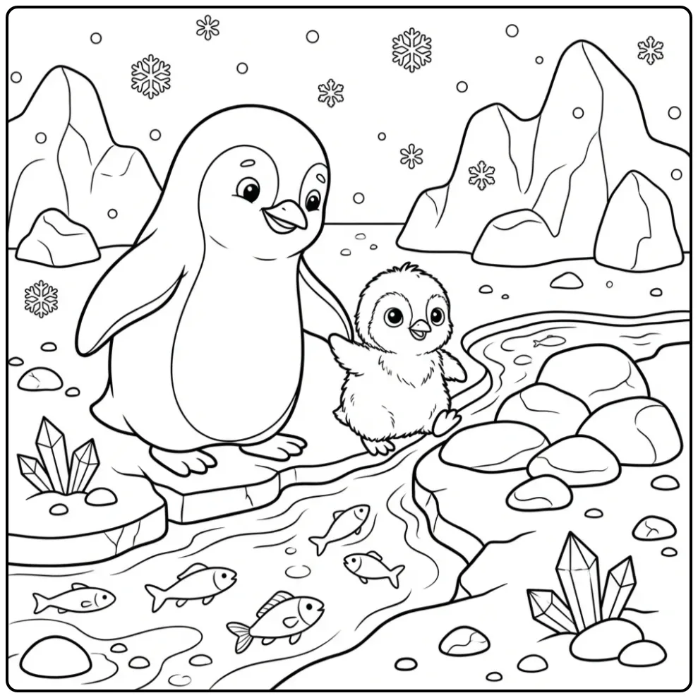 Sweet Penguin with Young in the Snow coloring page