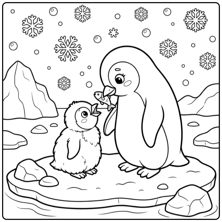 Sweet Penguin Parent and Chick in the Snow coloring page