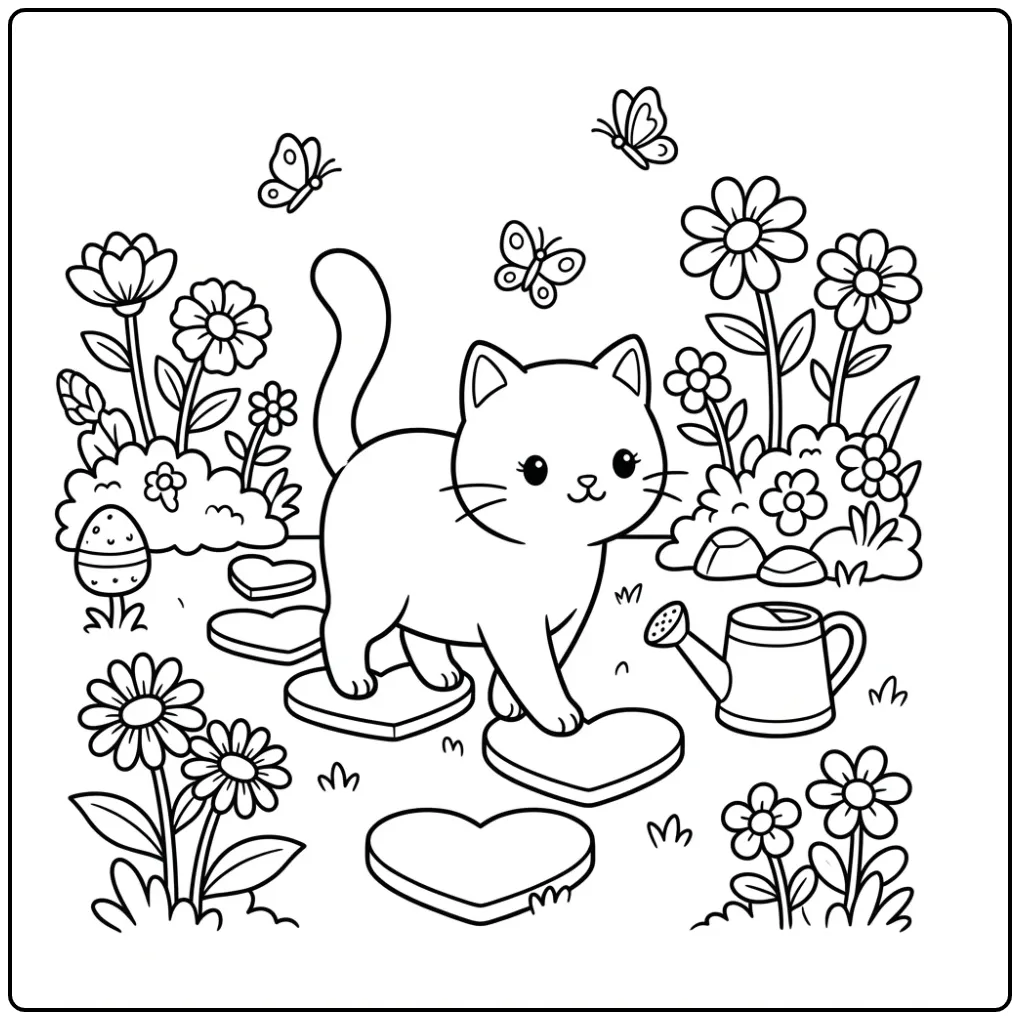 Sweet Cat with Hearts in the Garden coloring page