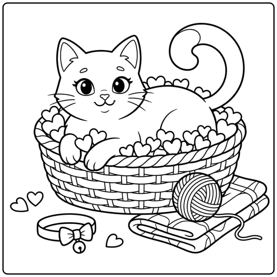 Sweet Cat with Hearts Sleeping in Basket coloring page