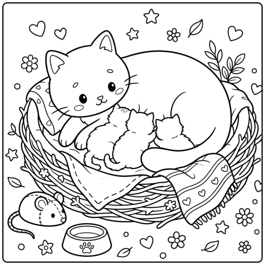 Sweet Cat with Kittens coloring page