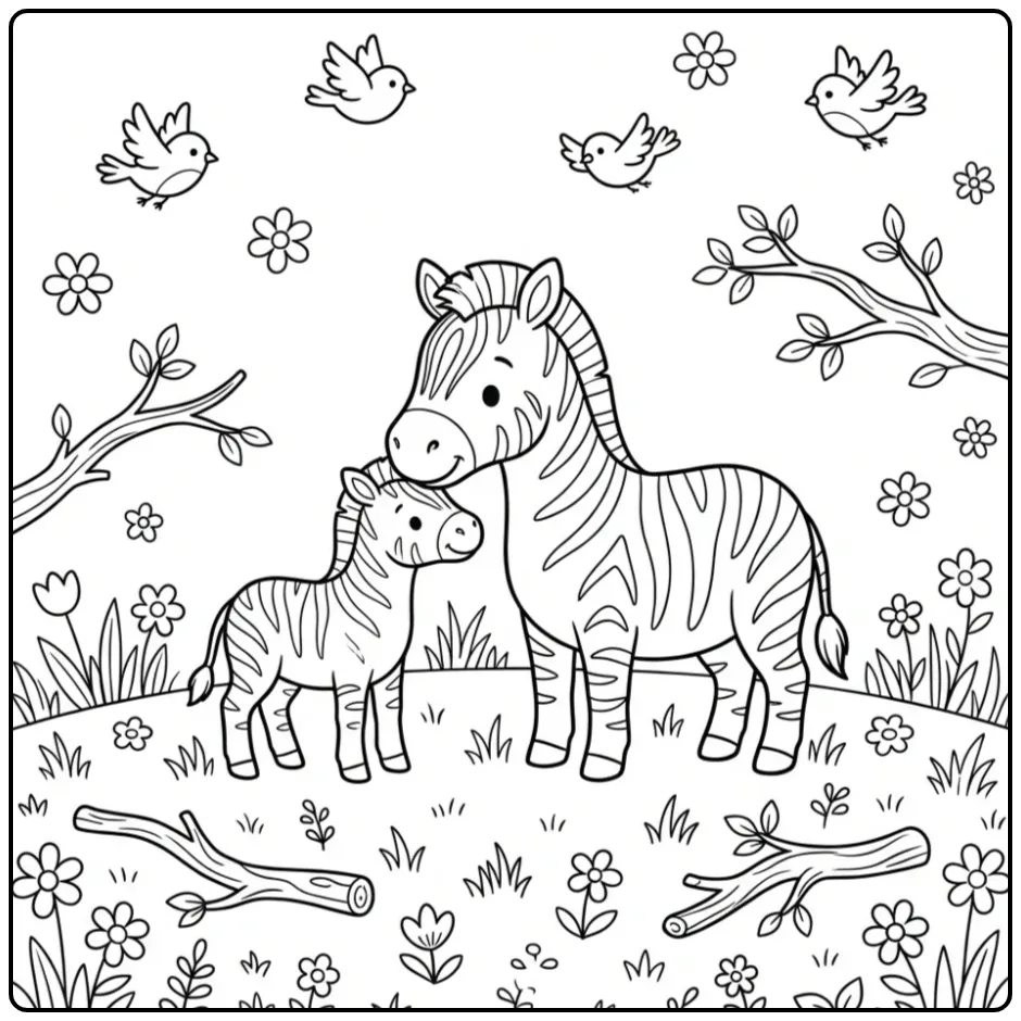 Sweet Zebra Mother and Foal Together coloring page