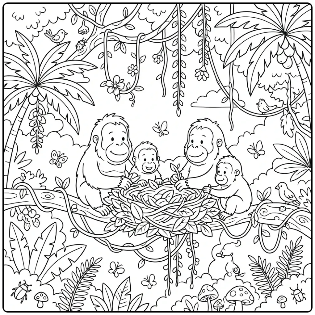 Sweet Orangutan Building a Nest in the Tree coloring page