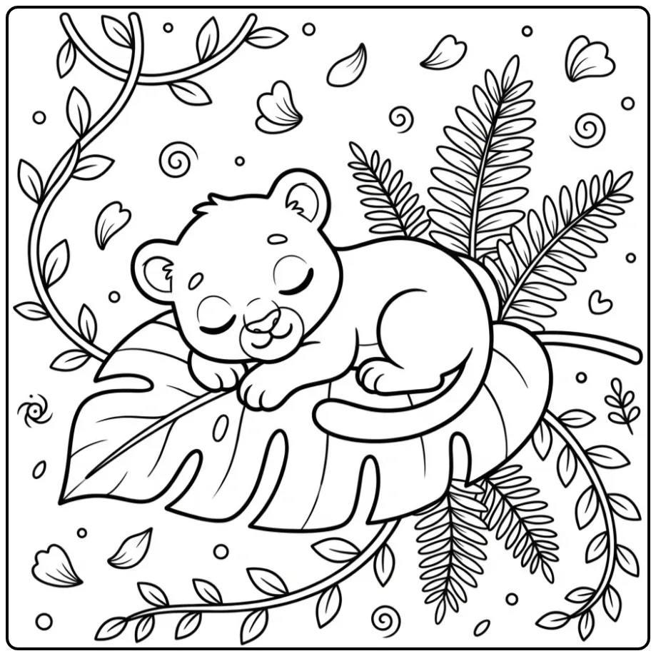Sweet Sleeping Baby Panther on a Groot Leaf coloring page