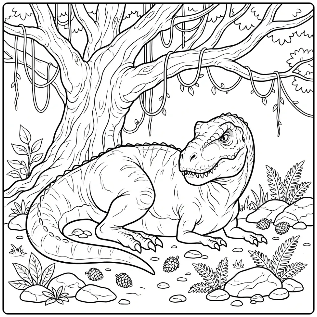 Cute T. Rex coloring page resting under a prehistoric tree