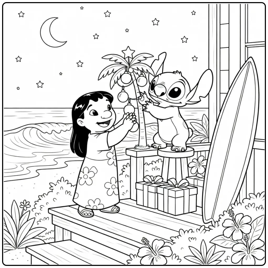 Lilo and Stitch Christmas Decorating the Tree coloring page