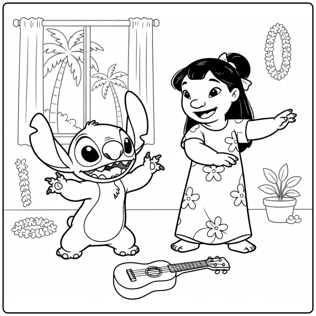 Lilo Hula Lesson with Stitch coloring page