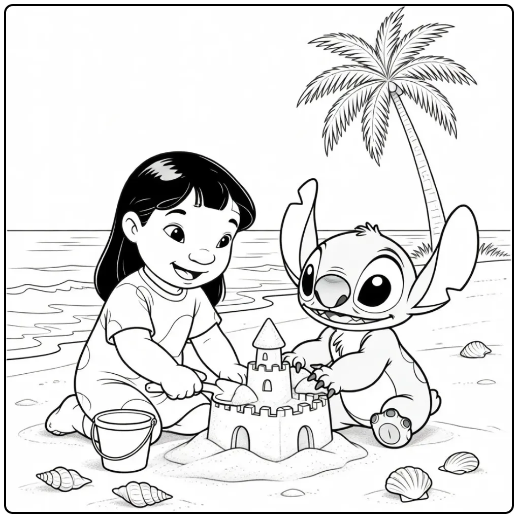 Lilo and Stitch coloring page building a sandcastle
