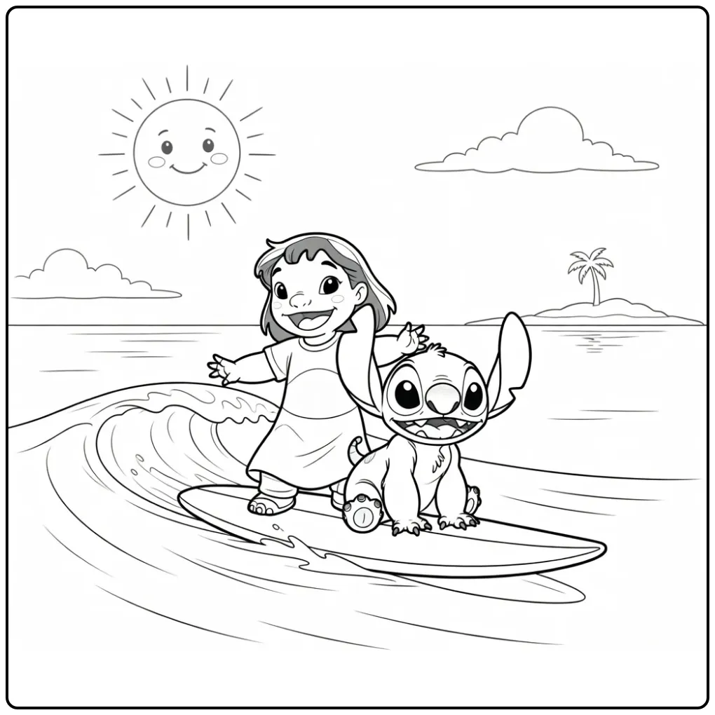 Lilo and Stitch Surfing on a Wave coloring page