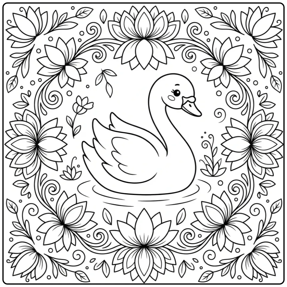 Lotus and Swan Bird for Adults coloring page