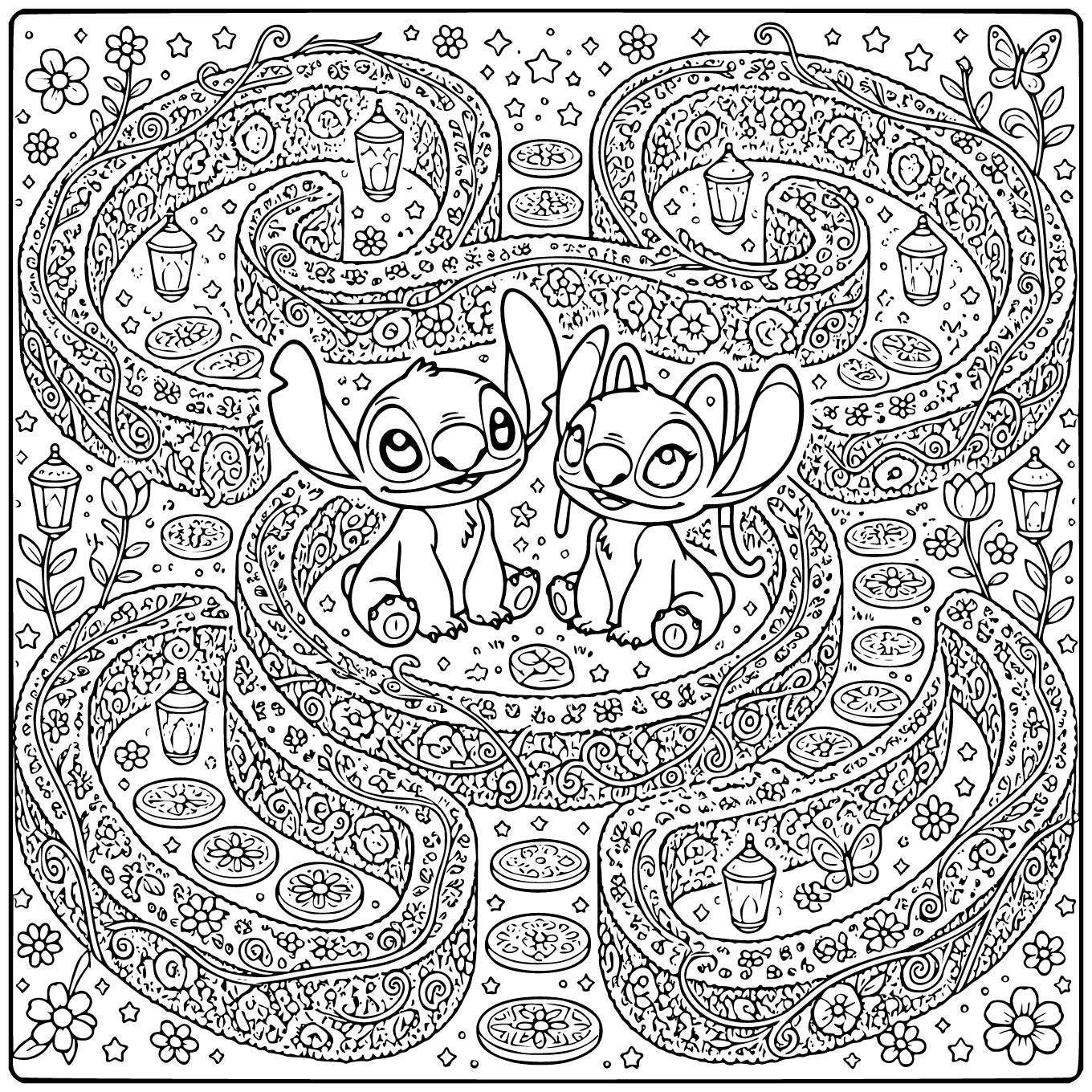 Detailed Stitch and Angel Maze coloring page