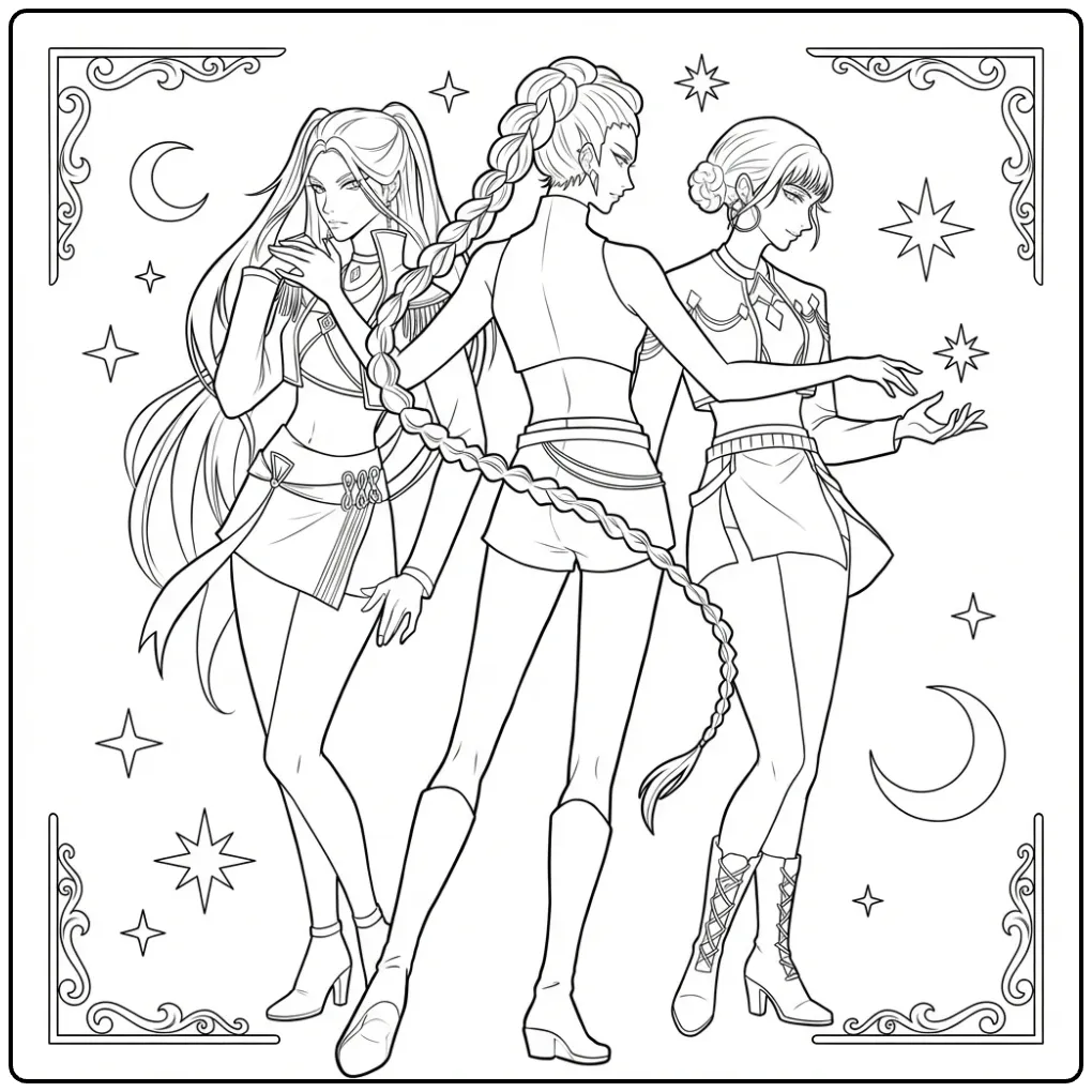 Magical KPop Demon Hunters in Action coloring page