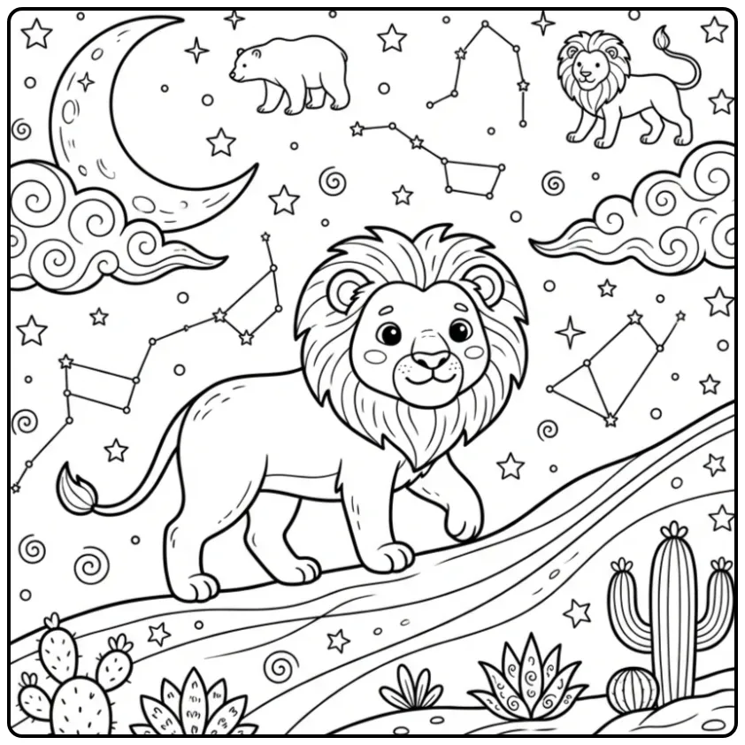 Cute lion coloring page under a starry sky