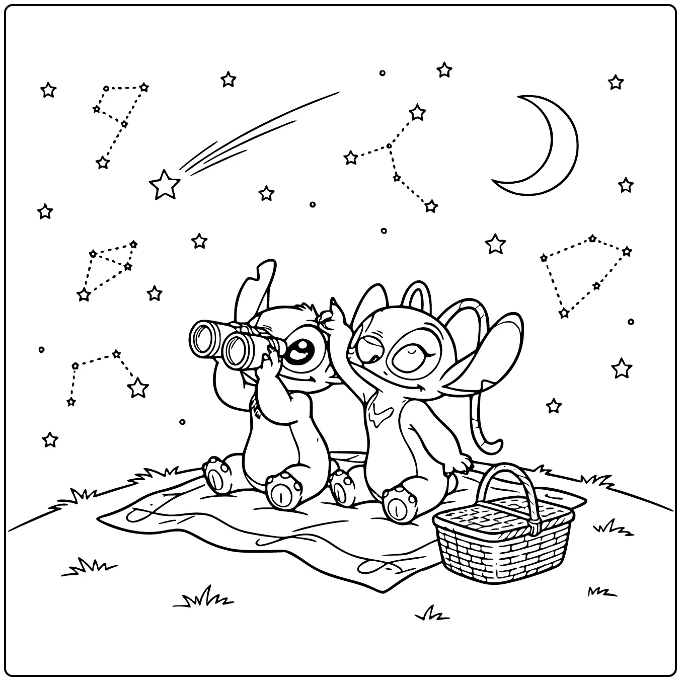 Magical Stitch and Angel Watching Toward the Stars coloring page