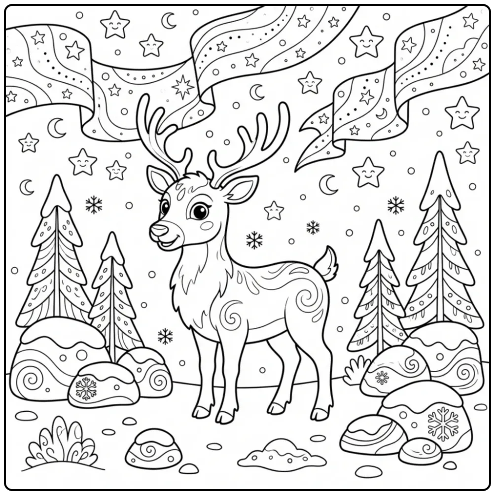Reindeer coloring page showing a reindeer under the northern lights