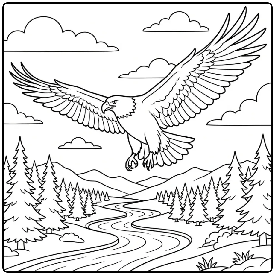 Majestic Eagle Above Natural Landscape coloring page