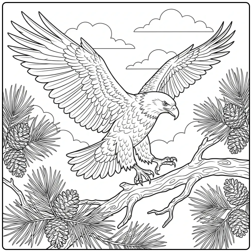 Majestic Eagle Landing on a Tall Pine Branch coloring page