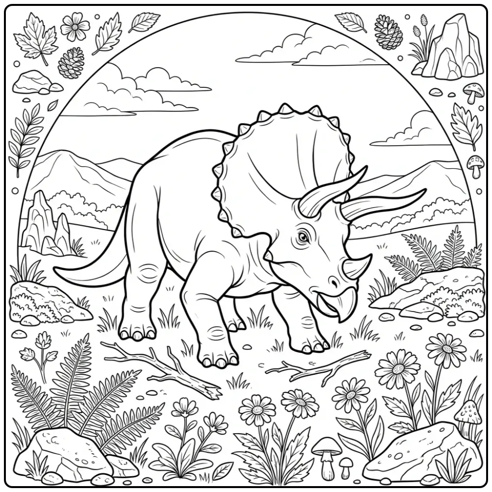 Majestic Triceratops Dinosaur in a Meadow coloring page