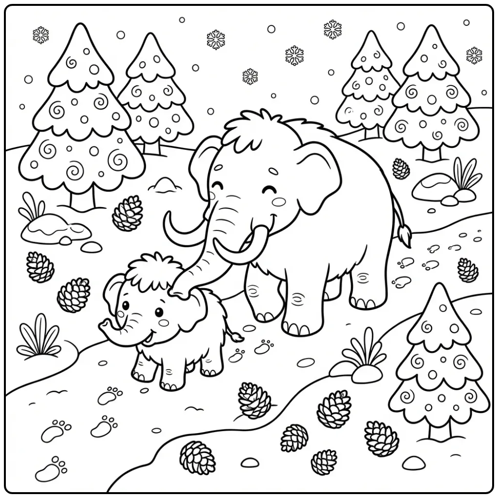 Mammoth Family in the Snow coloring page