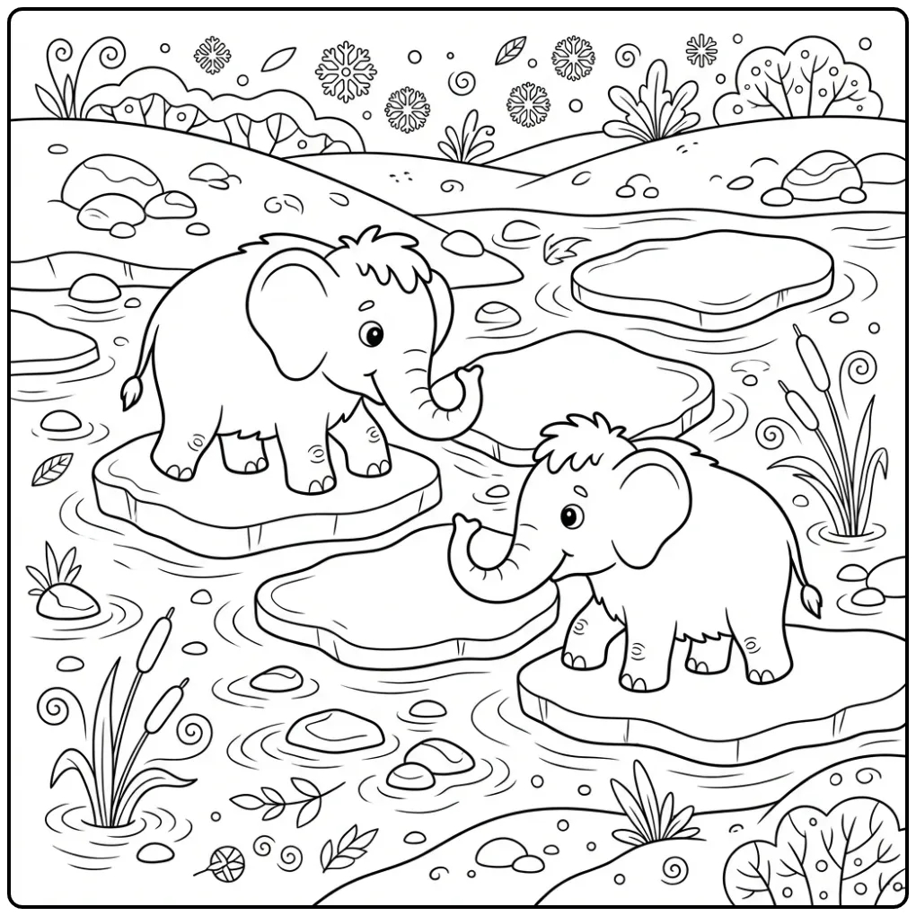 Mammoth Two Friends on the Ice coloring page