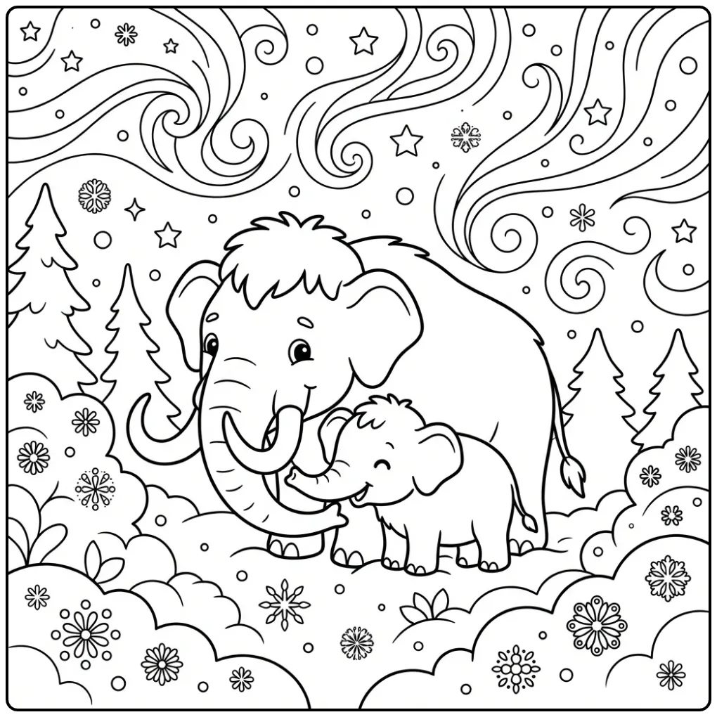 Mammoth Sleeping Animals in a Winter Landscape coloring page