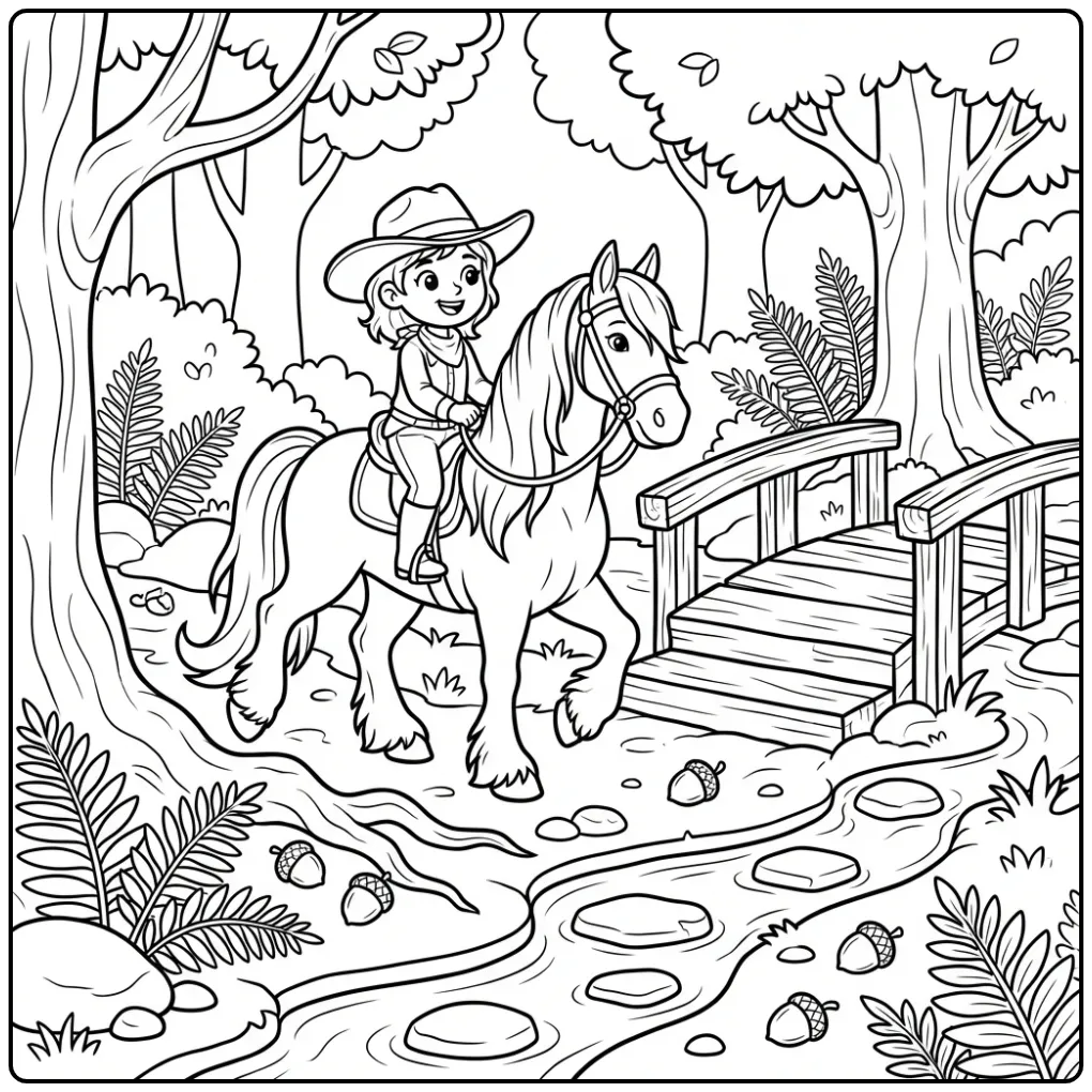 Beautiful Friesian Horse with Rider by a Bridge coloring page