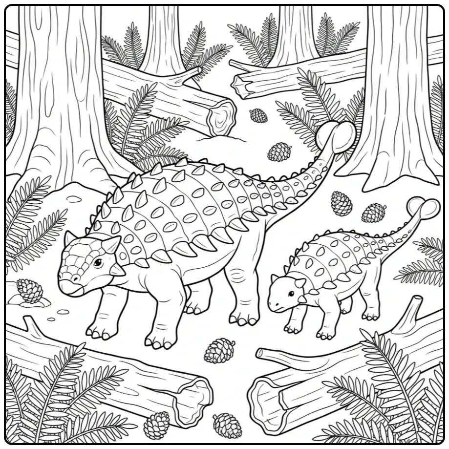 Detailed Ankylosaurus coloring page with two dinosaurs