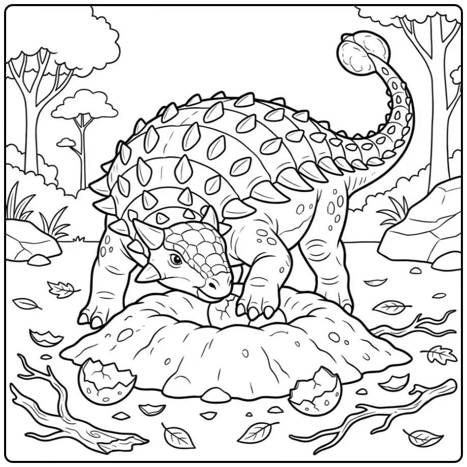 Ankylosaurus coloring page by a nest with leaves and branches