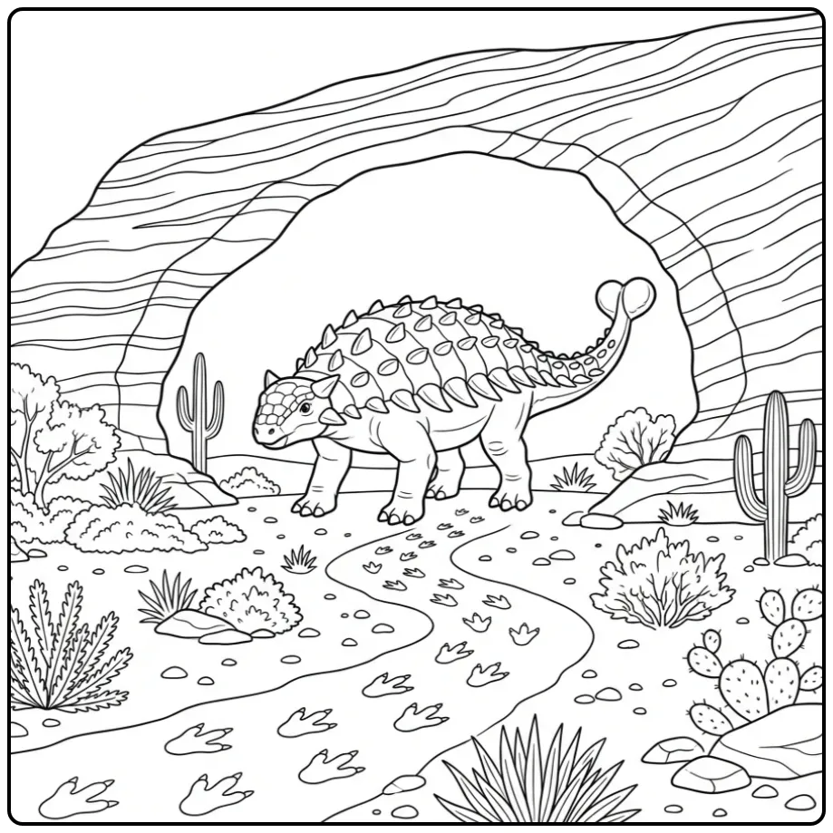 Ankylosaurus coloring page by a stone arch and plants