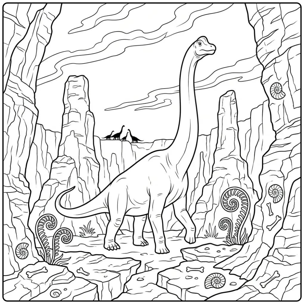 Beautiful Dinosaur Brachiosaurus in a Deep Canyon coloring page