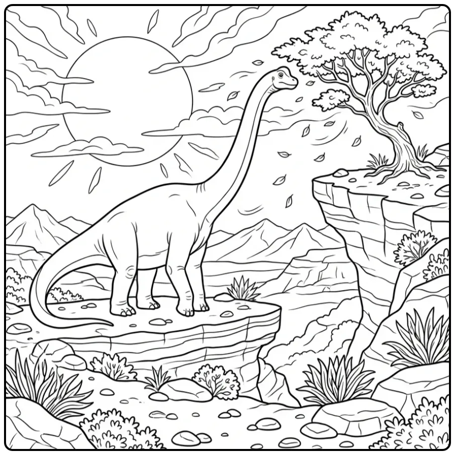 Beautiful Dinosaur Brachiosaurus with Trees and Mountains coloring page