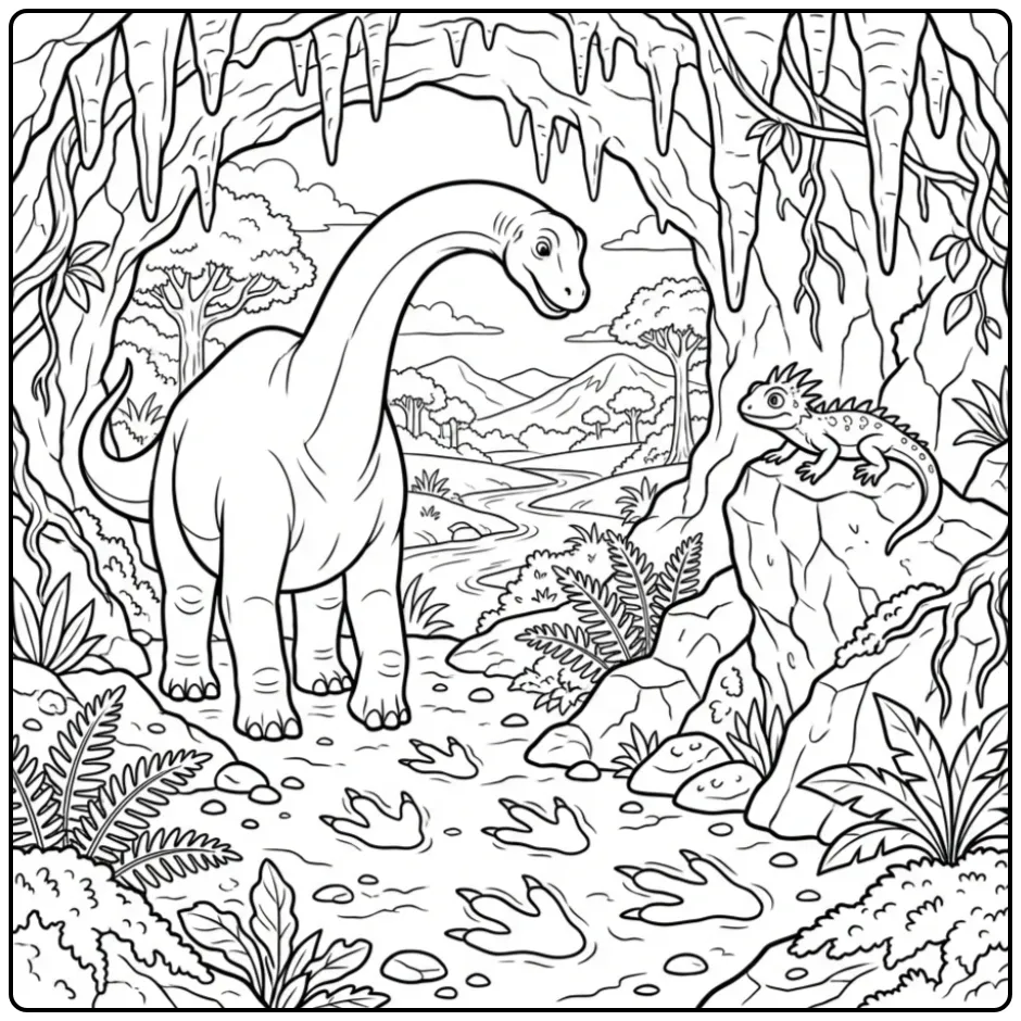 Beautiful Brachiosaurus with a Lizard and Cave coloring page