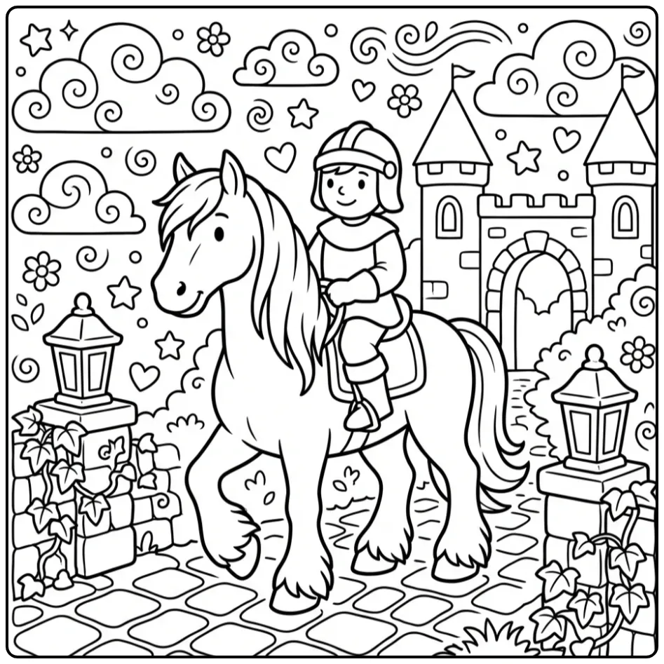 Beautiful Friesian Horse with Rider coloring page