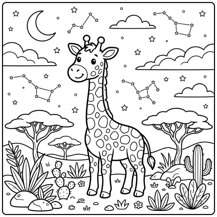 Beautiful Detailed Giraffe Under Starry Sky coloring page