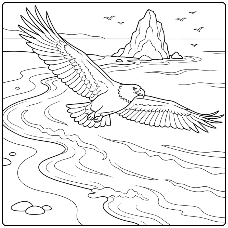 Beautiful Eagle Flying Above the Coast coloring page