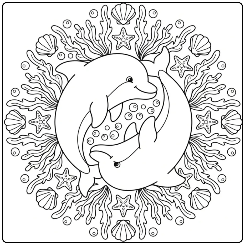 Beautiful Dolphin Mandala with Sea Animals coloring page
