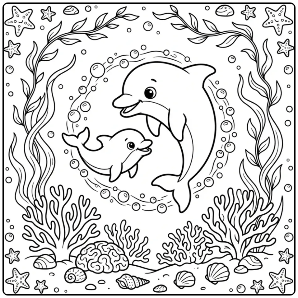 Beautiful Dolphin with Baby Among Bubbles coloring page