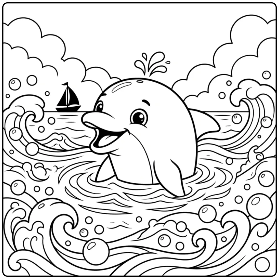 Beautiful Dolphin Cute Among the Waves coloring page