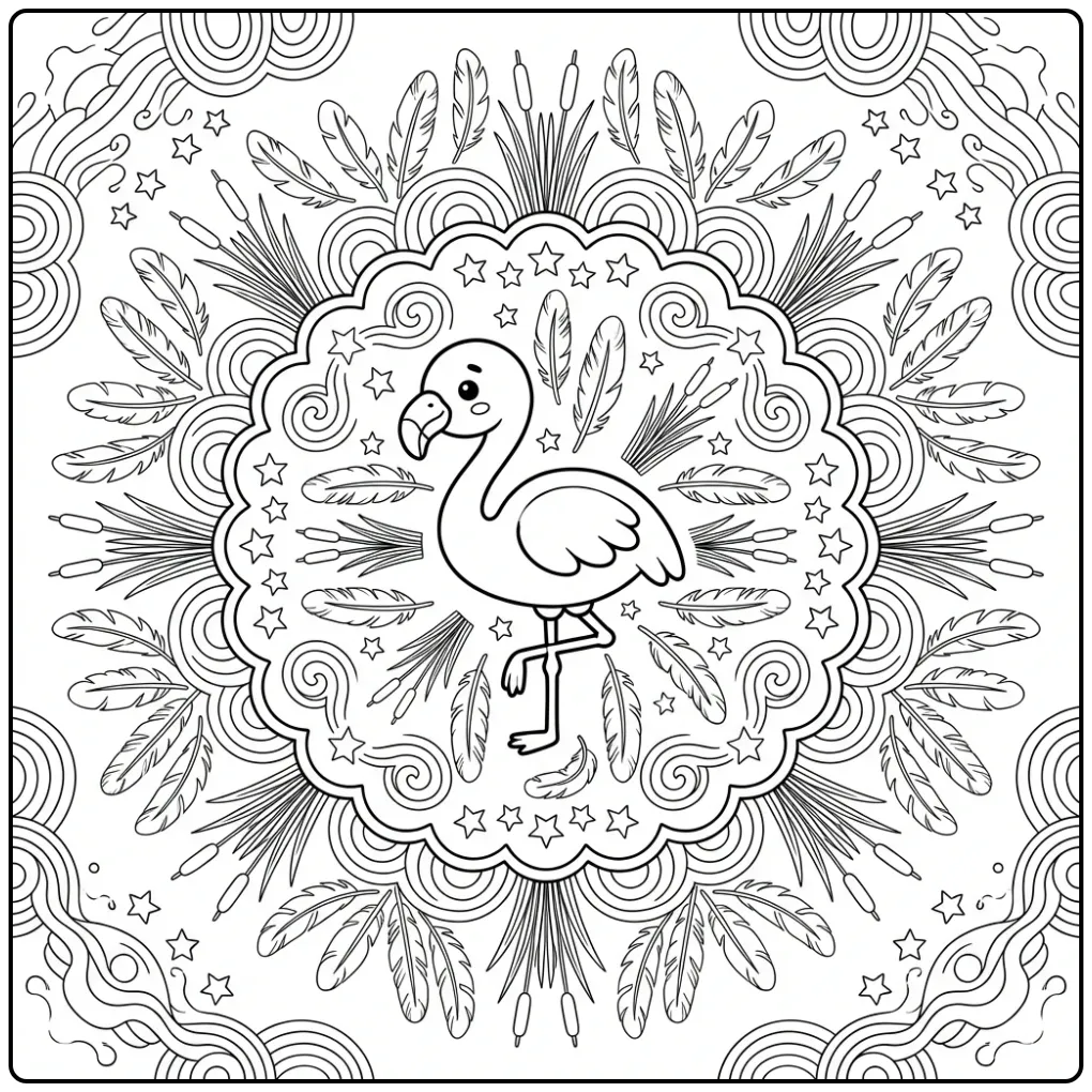 Beautiful Flamingo Mandala with Reeds and Waves coloring page