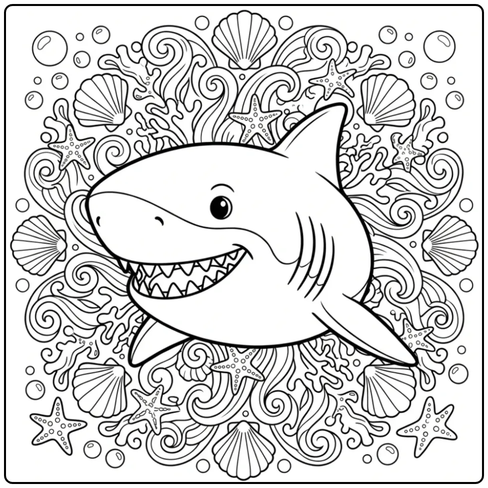 Beautiful Shark with Detailed Sea Animals coloring page