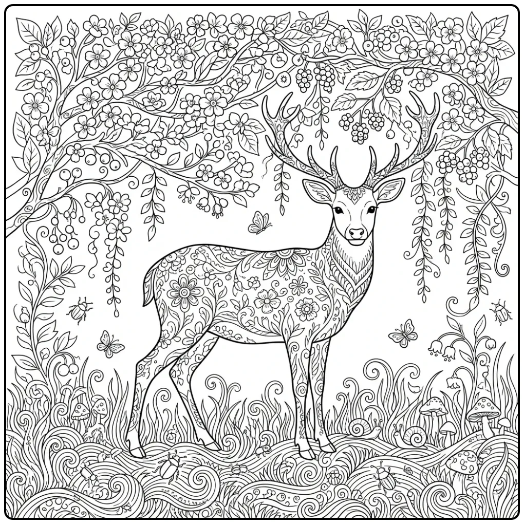 Beautiful Detailed Deer with Flowers coloring page