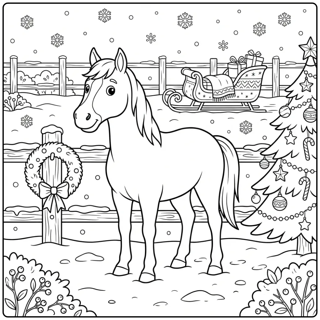 Beautiful Christmas Horse in the Snow coloring page